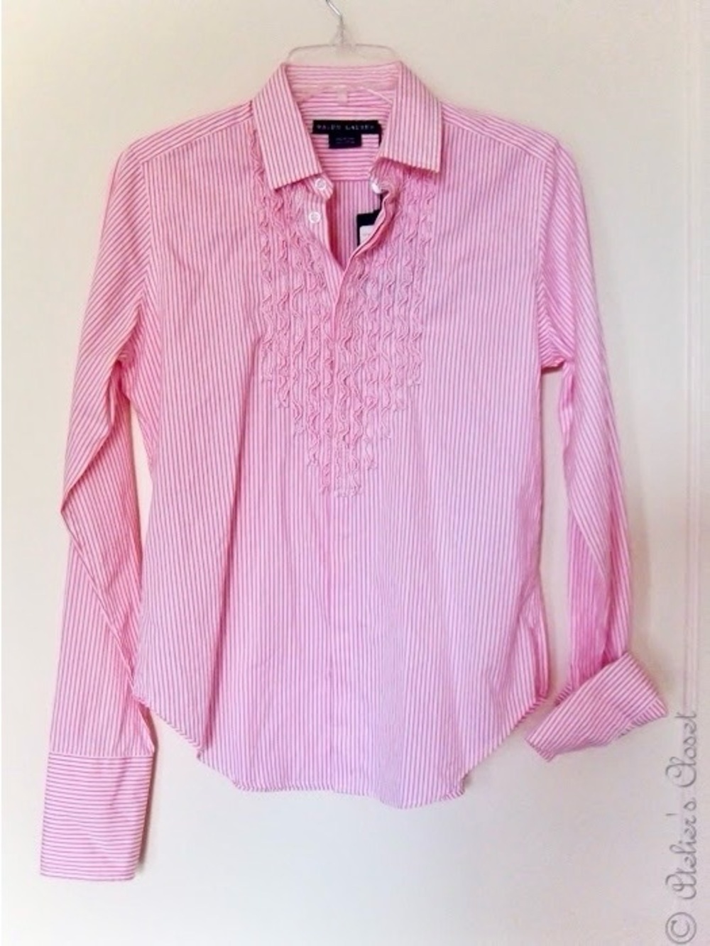 VTG NWT Ralph Lauren Blue Label Pink White Stripes Pleated Tuxedo Ruffle Shirt 8